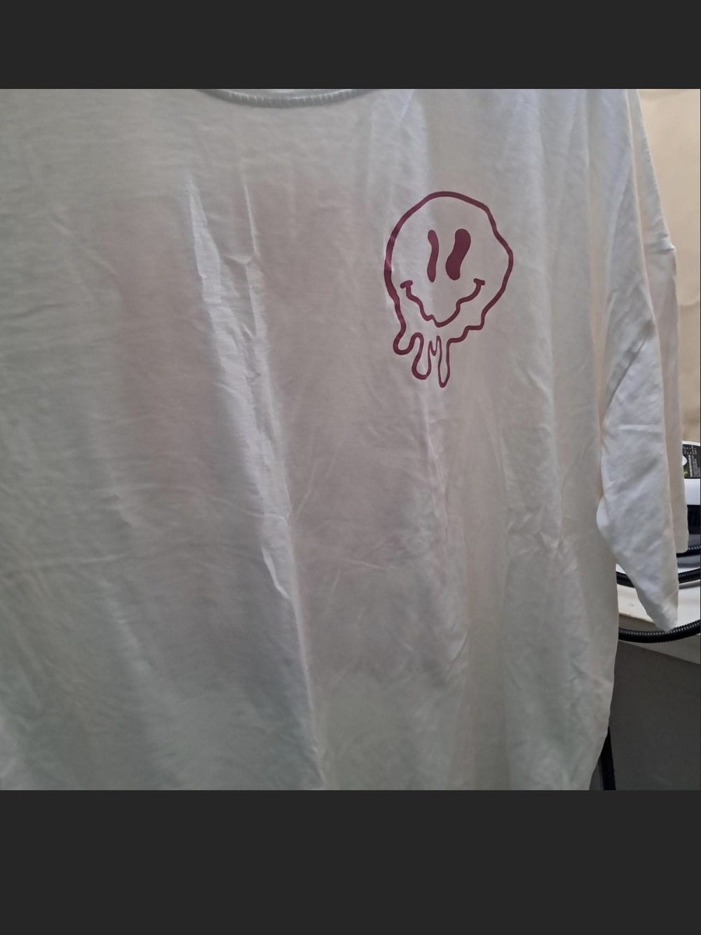 White Short Sleeve Tee with Pink Drip Smile Graphic